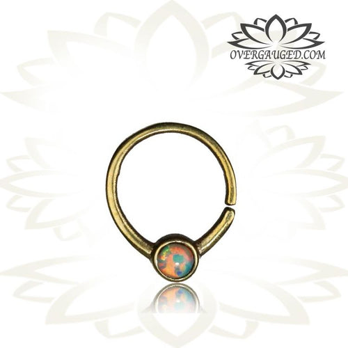 Thai Hill Tribe Brass Septum Ring in 16g (1.2mm), Antiqued Hill Tribe Brass Septum with Inlayed White Opal , Brass Body Jewelry, Ring Diameter 9mm.