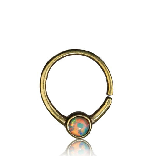 Thai Hill Tribe Brass Septum Ring in 16g (1.2mm), Antiqued Hill Tribe Brass Septum with Inlayed White Opal , Brass Body Jewelry, Ring Diameter 9mm.