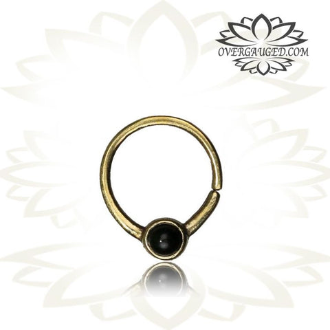 Single Ornate Brass Septum Ring in 16g,  Antiqued Tribal Brass Septum Ring, Onyx Stone Nose Piercing, Brass Body Jewelry, Ring 9mm.