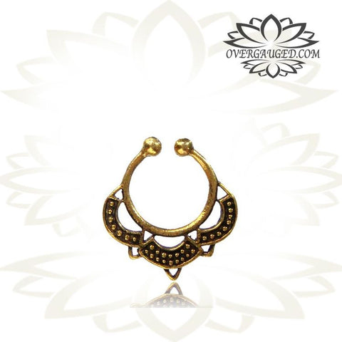 Single Brass Fake Septum Nose Ring, Antiqued Tribal With Pink Agate Stone, Non-Nose Piercing, Ring Diameter 9mm.
