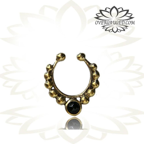 Single Tribal Brass Fake Septum Ring with Inlay Onyx Stone, Non Piercing Septum Ring.