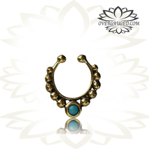 Single Fake Tribal Brass Septum with Turquoise Stone, Non Piercing Nose, Ring diameter 9mm.