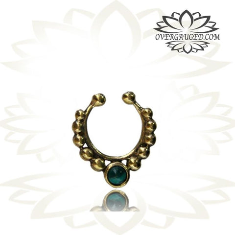 Single Brass Fake Septum Nose Ring, Antiqued Tribal With Pink Agate Stone, Non-Nose Piercing, Ring Diameter 9mm.