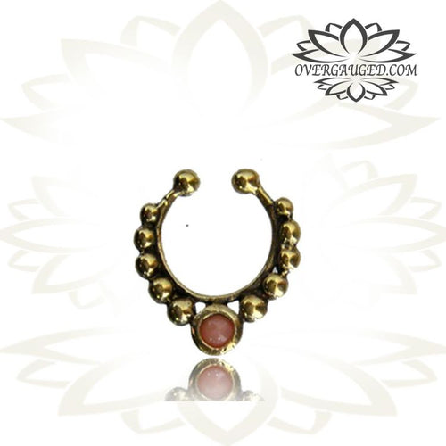 Single Brass Fake Septum Nose Ring, Antiqued Tribal With Pink Agate Stone, Non-Nose Piercing, Ring Diameter 9mm.