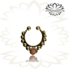 Single Brass Fake Septum Nose Ring, Antiqued Tribal With Pink Agate Stone, Non-Nose Piercing, Ring Diameter 9mm.