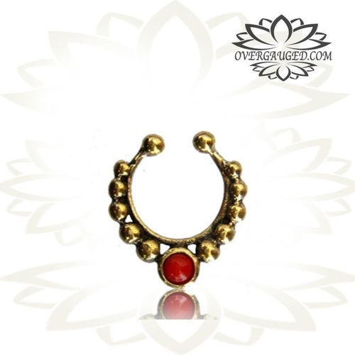 Single Ornate Fake Brass Septum, Antiqued Tribal Brass Septum, Red Agate Stone Inlay,  Non Piercing Septum Ring, Ring 9mm, Brass Body Jewelry.