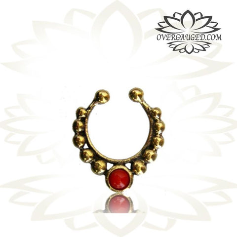 Single Brass Fake Septum Nose Ring, Antiqued Tribal With Pink Agate Stone, Non-Nose Piercing, Ring Diameter 9mm.