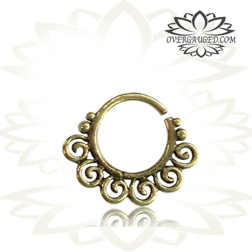 Tribal Brass Septum Ring, Single 16g (1.2mm) Antiqued Tribal Brass Spirals Septum Nose Piercing 3/8&quot; ring diameter 9mm.