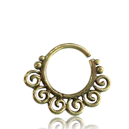 Tribal Brass Septum Ring, Single 16g (1.2mm) Antiqued Tribal Brass Spirals Septum Nose Piercing 3/8&quot; ring diameter 9mm.