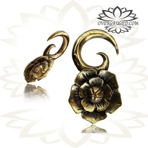 Pair Antiqued Brass Ear Weights 4g (5.5mm) Lotus Flower Tribal Earrings 2&quot; Inch.