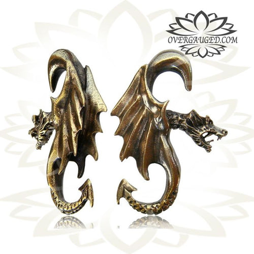 Winged Dragon Brass Ear Weights in 0g (8mm) Tribal Dragon Brass Earrings, Tribal Brass Body Jewelry.