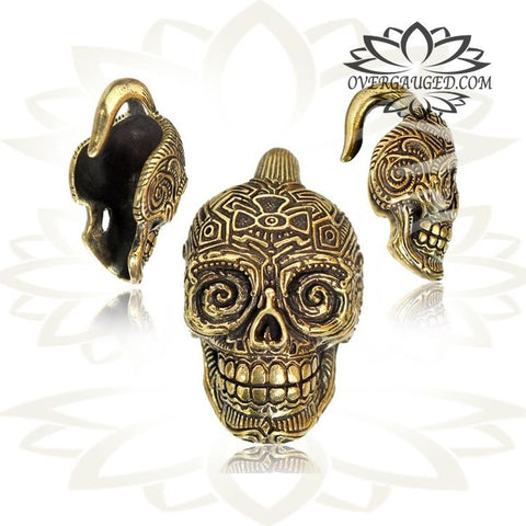 Single Antiqued White Brass Ear Weights 2g (6mm) Indian Tribal Skulls Earrings.