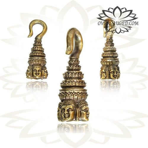 Four Faced Buddha Brass Ear Weights in 6g (4mm) Angkor Buddha Ear Weights, Brass Body Jewelry.