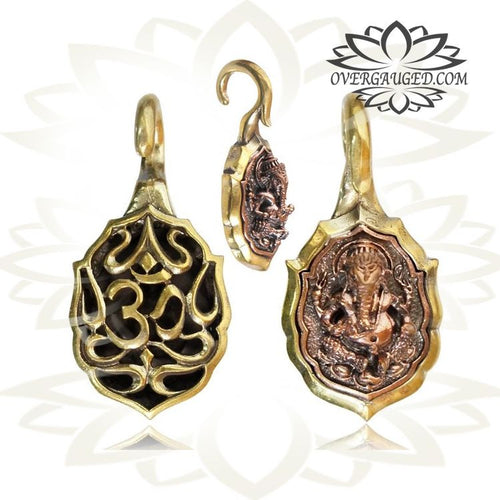 Antiqued Brass Ear Weights with Copper 6g (4mm) Tribal Body Jewelry Ganesha Hindu God Gauges.