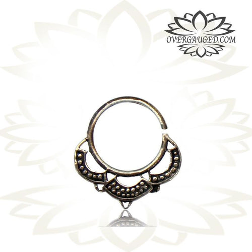 Single White Brass Septum 16g (1.2mm) Antiqued Lotus Flower, Tribal Septum Nose Piercing, Ring Diameter 8mm.