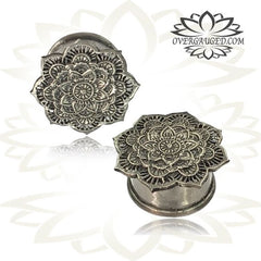 Pair Tribal White Brass Silver Tone Plugs, Mandala Plugs, Tribal Gauges, Silver Plugs, Ear Gauges, Double Flared Gauges.