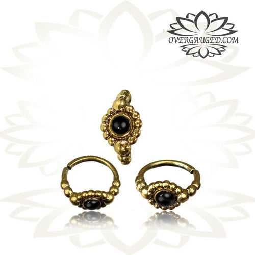 Single Brass Nose Ring, Ornate Tribal Brass Nose Ring, Flower Nose Ring with Inlayed Onyx Stone, Nose Hoop, Nose Stud.