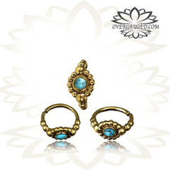 Single Brass Nose Ring, Ornate Tribal Brass Nose Ring, Flower Nose Ring with Inlayed Turquoise Stone, Tribal Nose Ring, Nose Hoop.