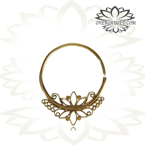 Pair of Brass Earrings in 18g Antiqued Brass Lotus Flower Hoops, Brass Body Jewelry.