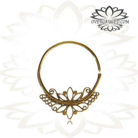 Pair Brass Earrings Antiqued Lotus Flower Tribal Hoops Hangers.