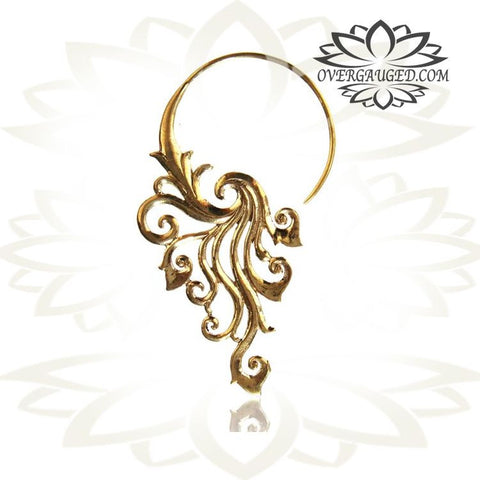 Pair Brass Earrings Antiqued Lotus Flower Tribal Hoops Hangers.