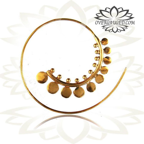 Pair of Big Tribal Brass Hoop Earrings With Inlay Shell, Piercing Hangers Body Jewelry.