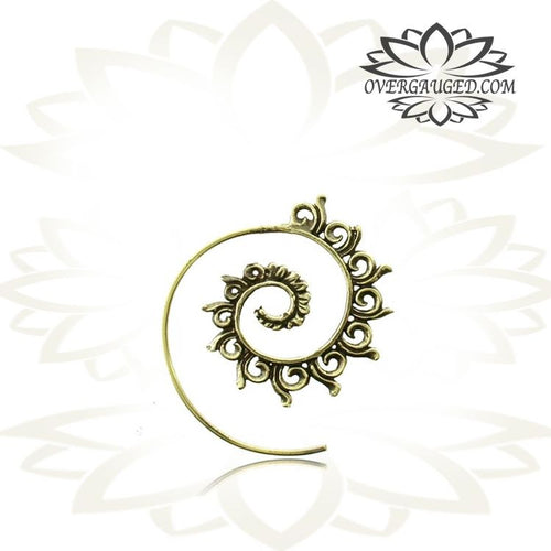 Pair of Ornate Brass Earrings, Antiqued Tribal Brass Hoops, Spiral Earrings.