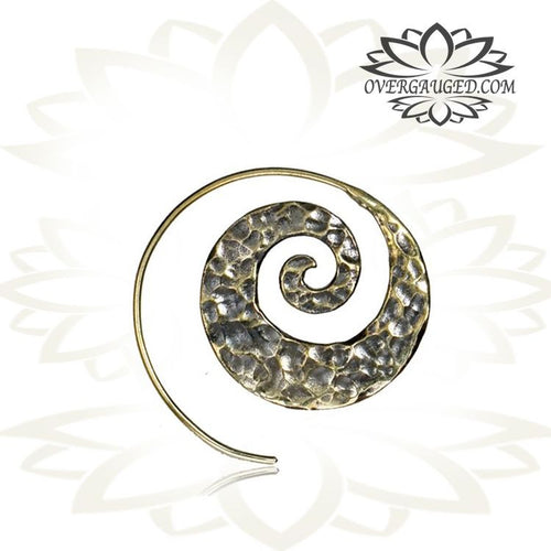 Pair of Brass Spiral Earrings, Ornate Hammered Antiqued Tribal Brass Hoops.