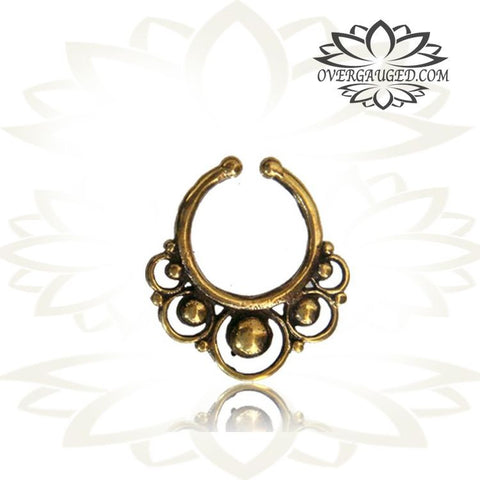 Single Brass Fake Septum Nose Ring, Antiqued Tribal With Pink Agate Stone, Non-Nose Piercing, Ring Diameter 9mm.