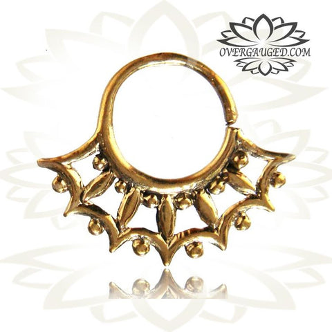 Single Ornate Brass Septum Ring, Lotus Flower inspired Septum Ring, Ring Diameter 9mm.