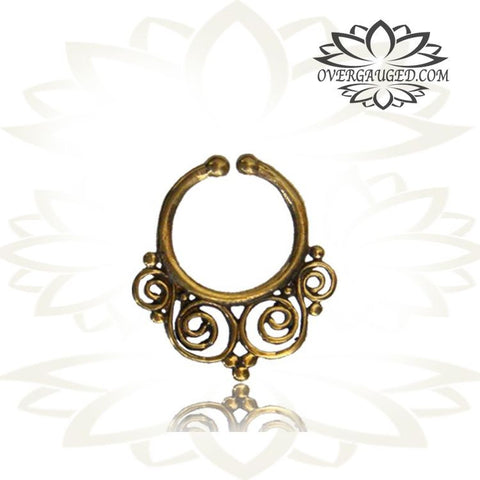 Single Brass Fake Septum Ring Antiqued Five Rose Fake Nose Piercing, Ring 9mm.