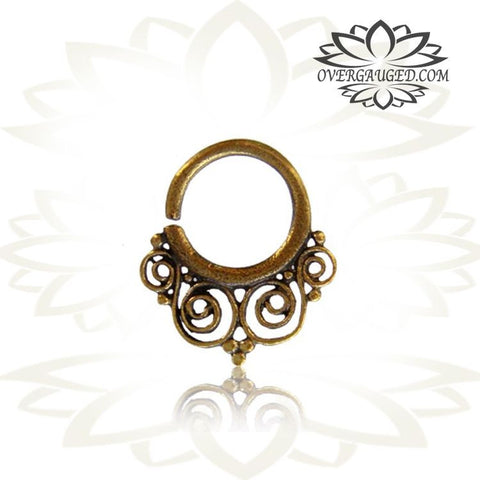 Single Ornate Brass Septum Ring, Brass Nose Piercing, Tribal Brass Jewelry, Ring diameter 9mm.