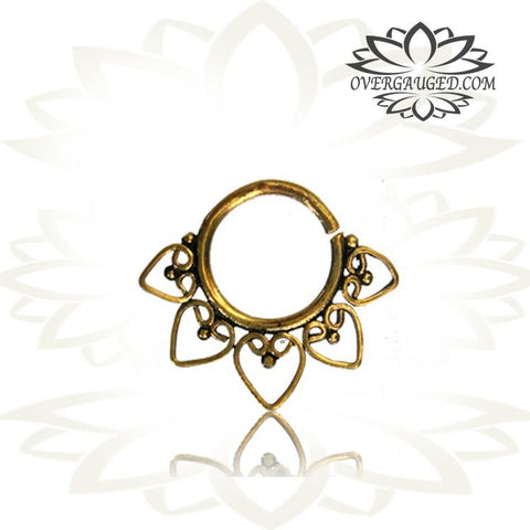 Single Ornate Brass Septum Ring, Lotus Flower inspired Septum Ring, Ring Diameter 9mm.