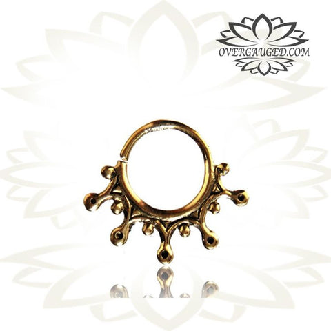 Single Ornate Brass Septum Ring, Lotus Flower inspired Septum Ring, Ring Diameter 9mm.