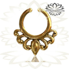Single Ornate Antiqued Tribal Brass Septum Ring, Fake (non piercing) Faux Septum Ring, Diameter 9mm, Brass Body Jewelry.