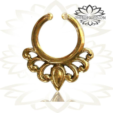 Single Brass Fake Septum Nose Ring, Antiqued Tribal With Pink Agate Stone, Non-Nose Piercing, Ring Diameter 9mm.