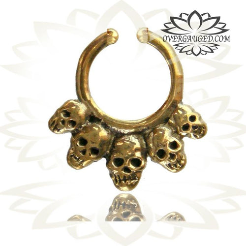 Single Brass Septum Ring,  Tribal 5 Skulls Fake Septum Ring, Non Piercing, Faux Septum Piercing, Ring 9mm.