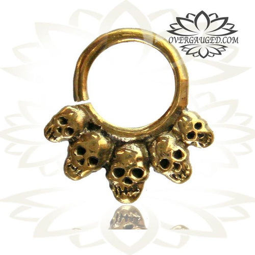 Tribal Brass Skulls Septum Ring, Single 5 Skulls Brass Septum, Tribal Brass Jewelry, Ring Diameter 9mm.