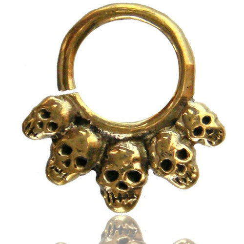 Tribal Brass Skulls Septum Ring, Single 5 Skulls Brass Septum, Tribal Brass Jewelry, Ring Diameter 9mm.