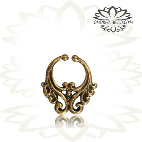 Single Brass Fake Septum Nose Ring, Antiqued Tribal With Pink Agate Stone, Non-Nose Piercing, Ring Diameter 9mm.