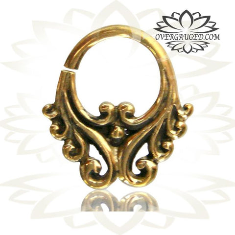 Single Ornate Brass Septum Ring in 14g (1.6mm), Afghan Style Tribal Septum, Brass Nose Piercing, Brass Septum, Ring 9mm.