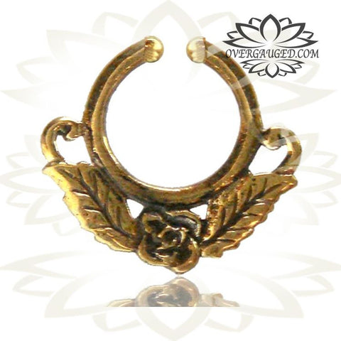 Single Brass Fake Septum Nose Ring, Antiqued Tribal With Pink Agate Stone, Non-Nose Piercing, Ring Diameter 9mm.