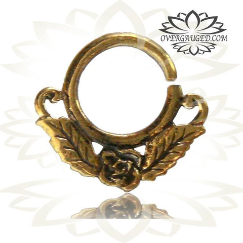 Single 16g (1.2mm) Afghan Tribal Brass Septum Nose Ring, Inlay Black Onyx Stone Nose Piercing, Ring 9mm, Tribal Brass Jewelry, Tribal Septum.
