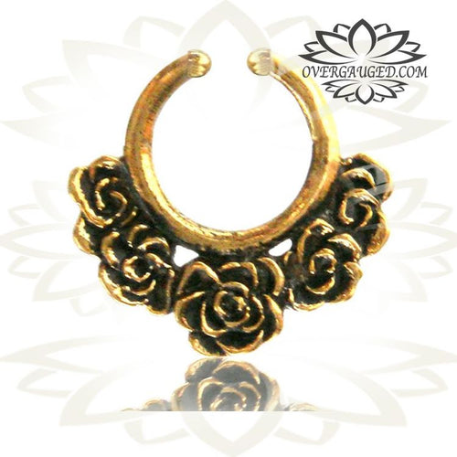 Single Brass Fake Septum Ring Antiqued Five Rose Fake Nose Piercing, Ring 9mm.