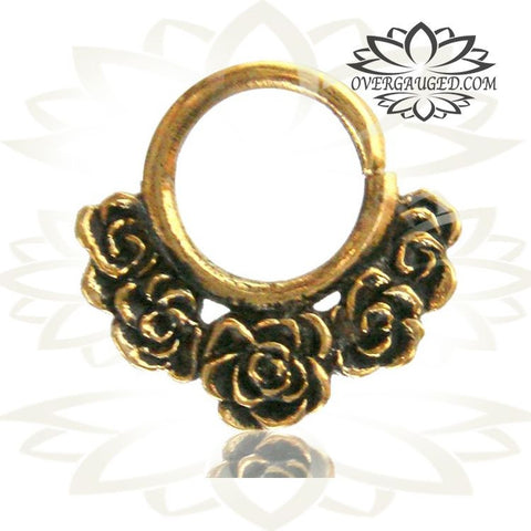 Single Ornate Brass Septum Ring, Lotus Flower inspired Septum Ring, Ring Diameter 9mm.