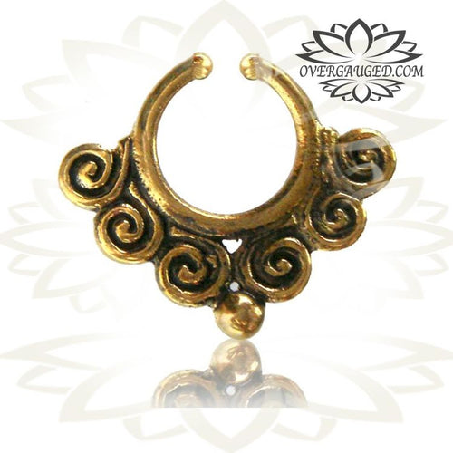 Single Ornate Fake Tribal Brass Septum Ring, Non Piercing Septum Ring, Diameter 9mm, Brass Body Jewelry.
