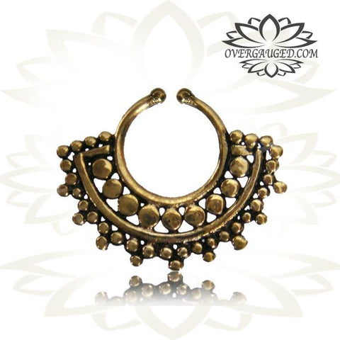 Single Brass Fake Septum Nose Ring, Antiqued Tribal With Pink Agate Stone, Non-Nose Piercing, Ring Diameter 9mm.