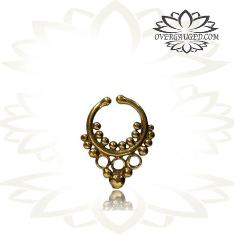 Single Brass Fake Septum Nose Ring, Antiqued Tribal With Pink Agate Stone, Non-Nose Piercing, Ring Diameter 9mm.