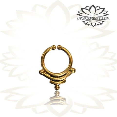 Single Brass Fake Septum Nose Ring, Antiqued Tribal With Pink Agate Stone, Non-Nose Piercing, Ring Diameter 9mm.
