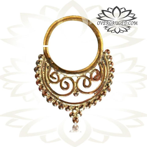 Single Ornate Brass Septum Ring, Indian Inspired Brass Septum Ring, Tribal Body Jewelry, Tribal Brass Jewelry, Ring Diameter 9mm.